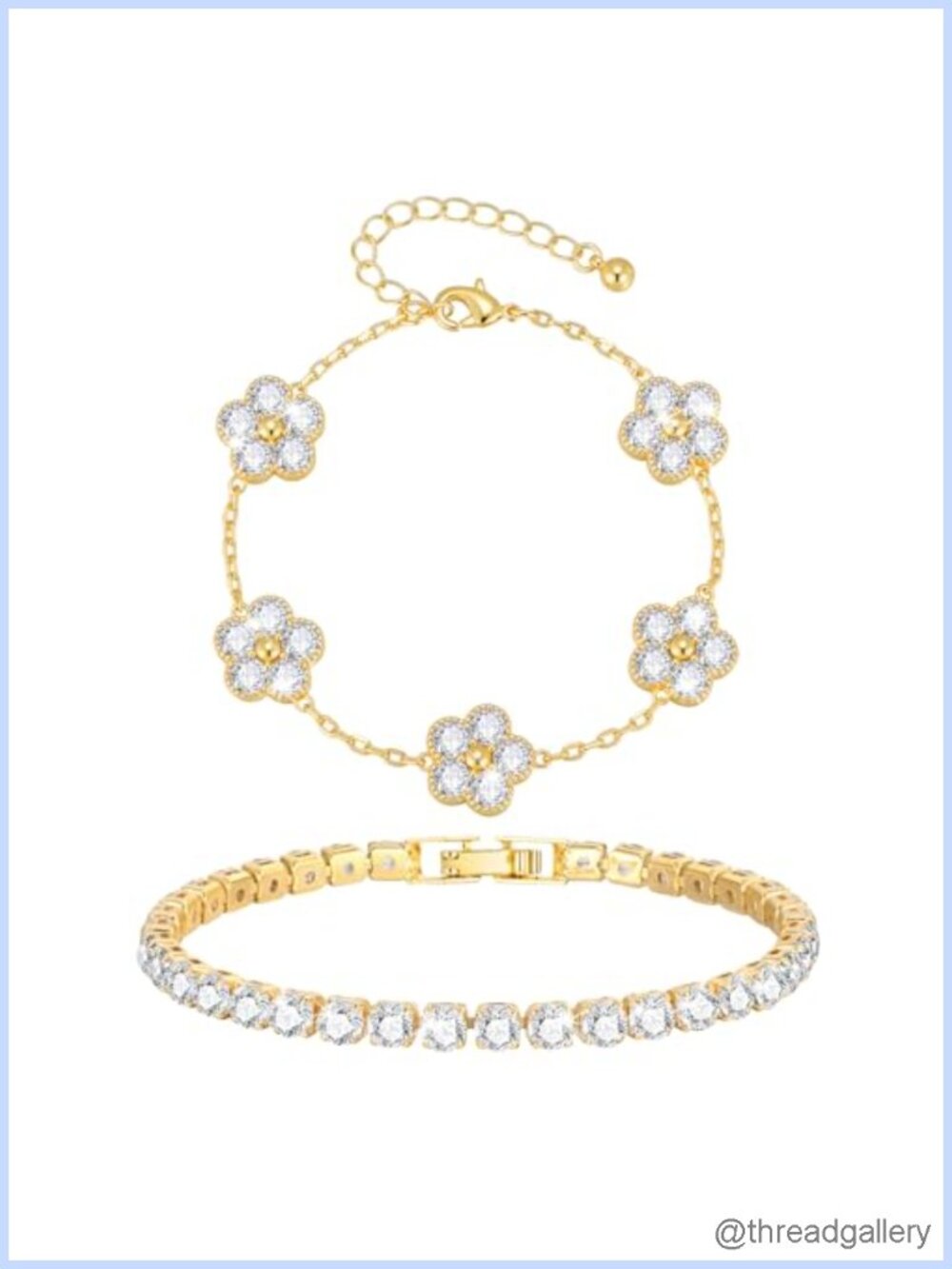14K Gold Plated Flower Bracelet Set Stackable Tennis Cubic Zirconia